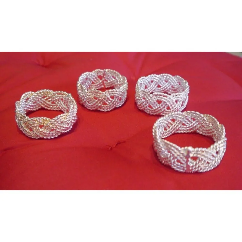 (4) Napkin Rings Nautical Braided Twisted Rope Style Vintage Wire Silver Tone
